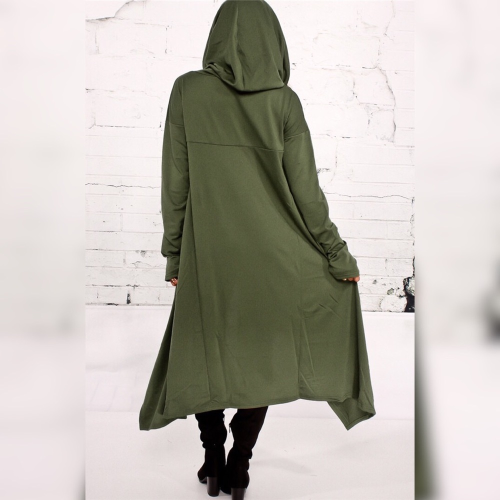 Asymmetrical High Lo Maxi Hoodie Tunic Dress Olive - Picture 5 of 8